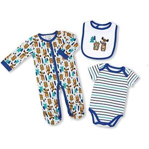 Baby Mode Set ( 3 PC ) Blue Woodland - Sleeper, Bodysuit, and Bib - 6/9  Months